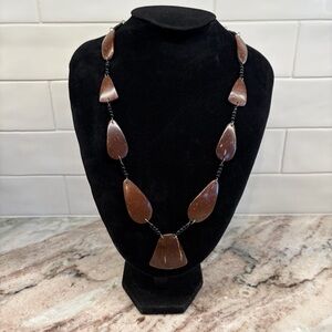 Brown Polished Coconut Shell Statement Necklace With Black Beads 23”